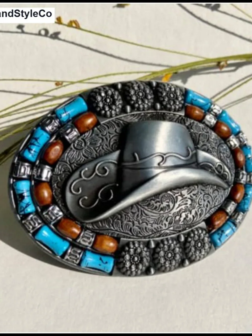 Western Belt Buckle for Women Cowgirl Turquoise Retro Antique Silver Tone